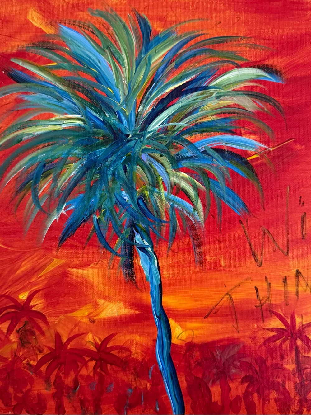 Blue Green  Palm Tree Canvas Art on Blood Orange - Decorative Acrylic  Painting